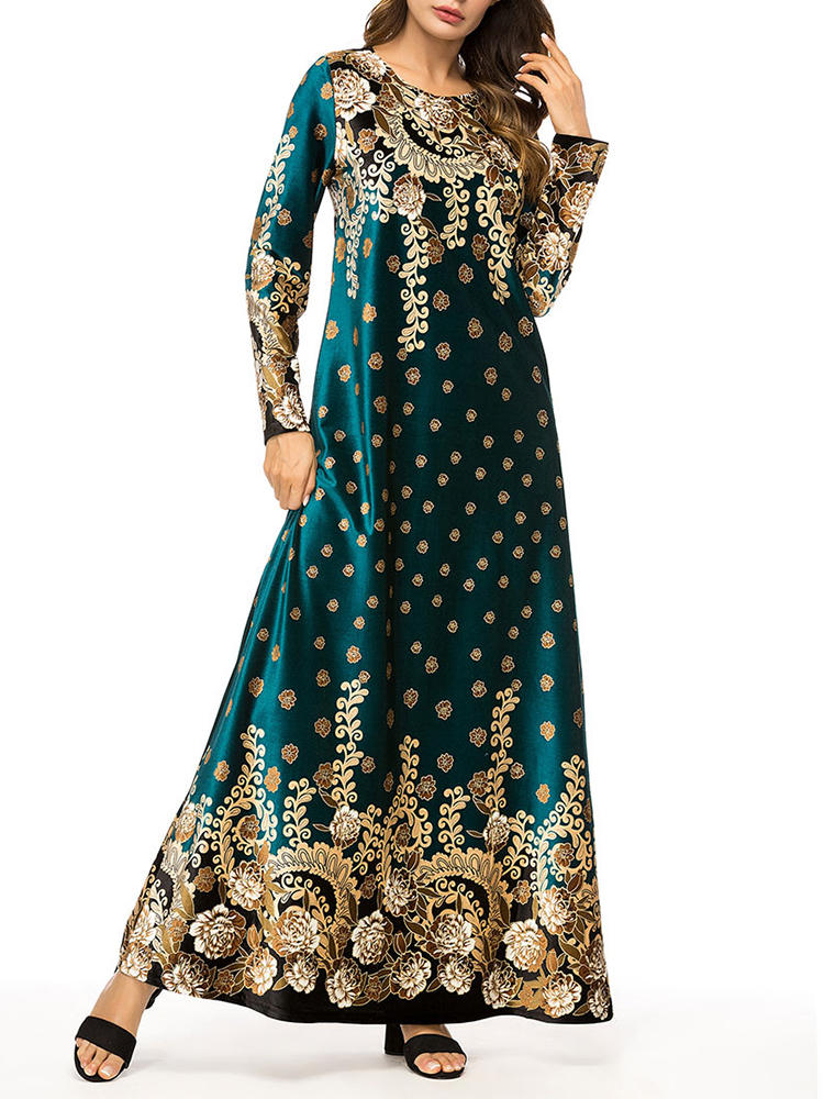 Women Fleece Print Long Sleeve Overhead Maxi Dress