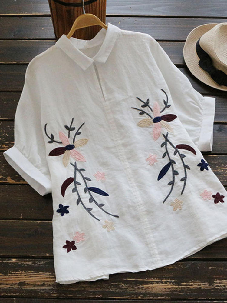 Floral Embroidery Lapel Half Sleeve Blouse