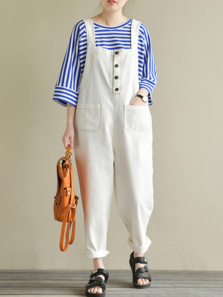 Women Sleeveless Strap Front Pocket Loose Cotton Jumpsuit