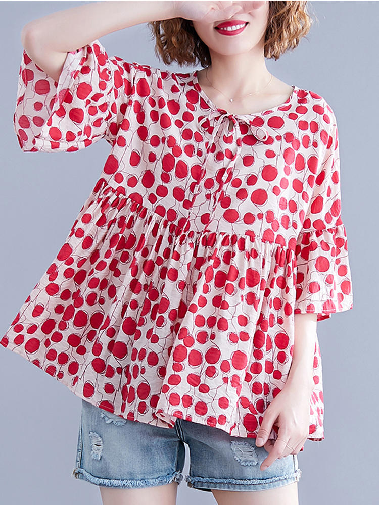 S-5XL Women Short Sleeve Polka Dot Casual Summer Blouse