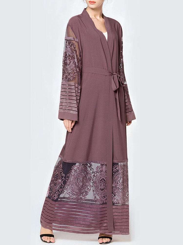 Women Embroidered Mesh Cardigan Robe Dress