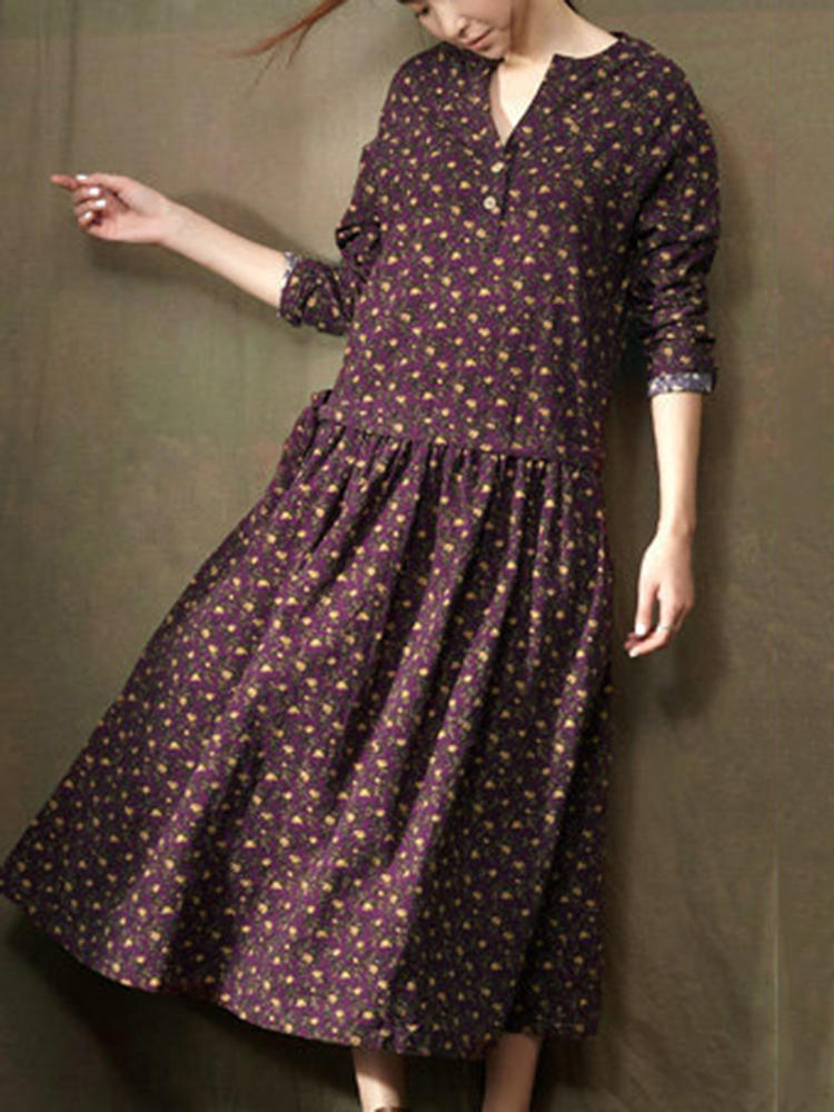 Vintage Floral Printed Elastic Waist Women Dress