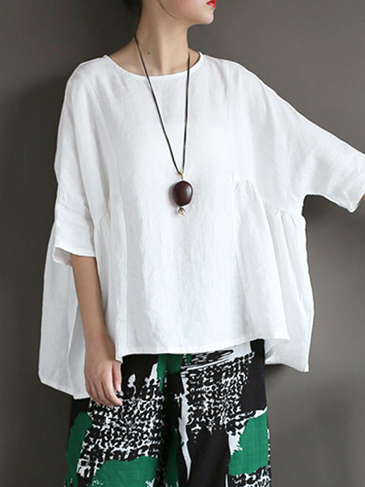 Casual Women Pure Color Half Sleeve Asymmetric Retro Blouse