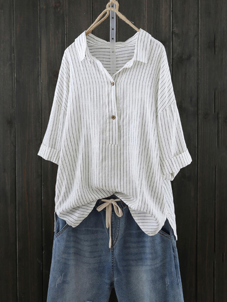 Women Stripe Retro Buttons Turn Down Collar Blouse Shirt