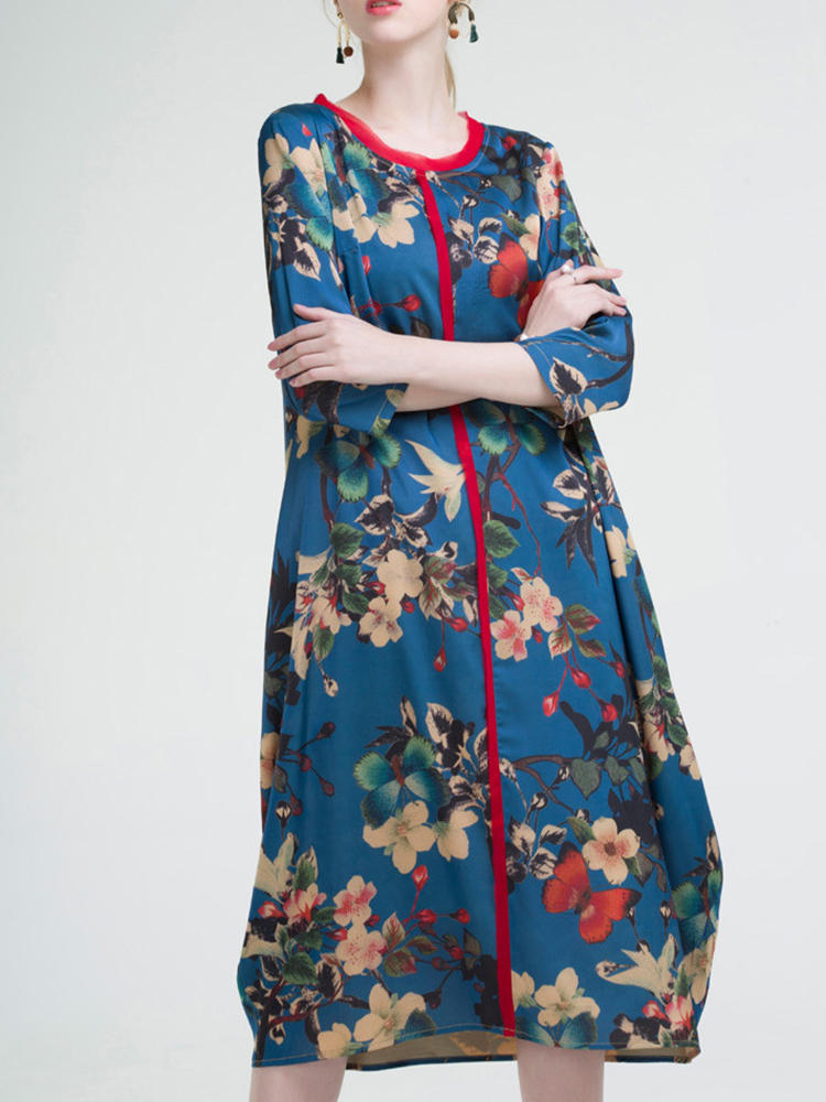 Casual Women Floral Printed O-Neck 3/4 Sleeve Dress
