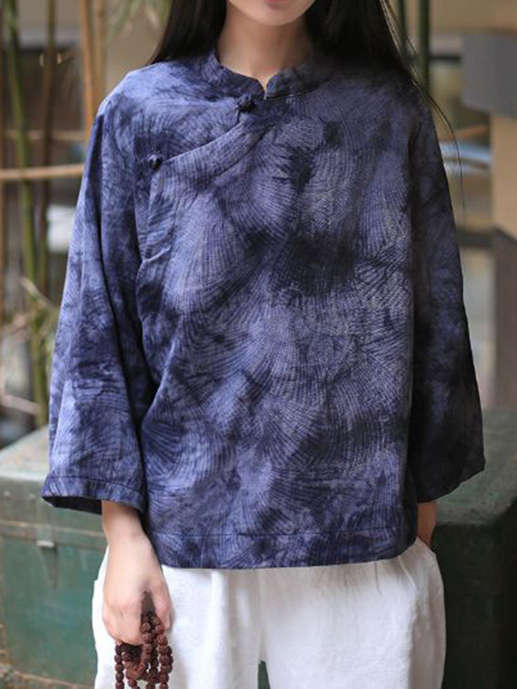 Vintage Floral Print Plate Buckle Stand Collar Blouse