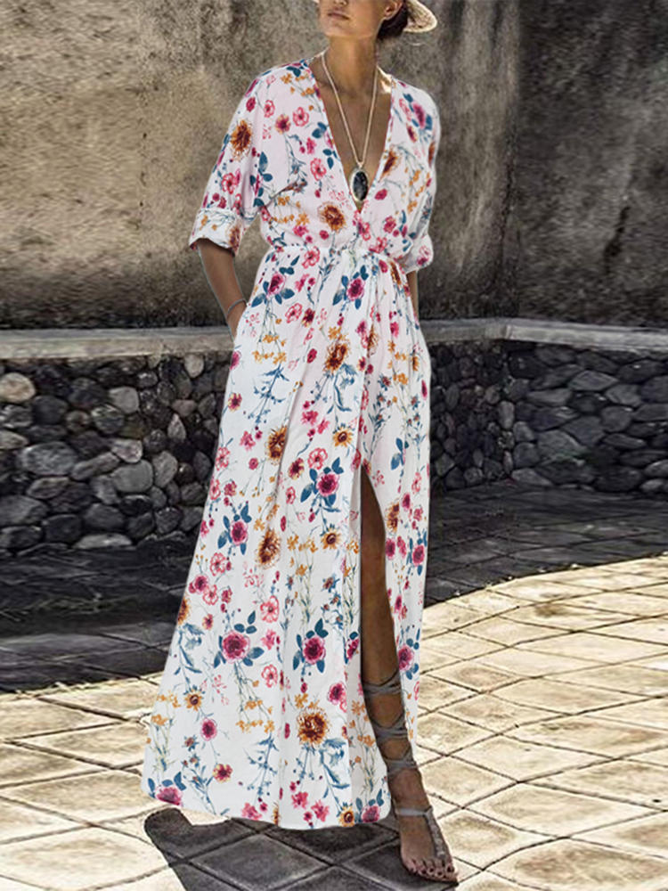Women V-Neck Floral Elastic Waist High Slit Long Sleeve Side Poc