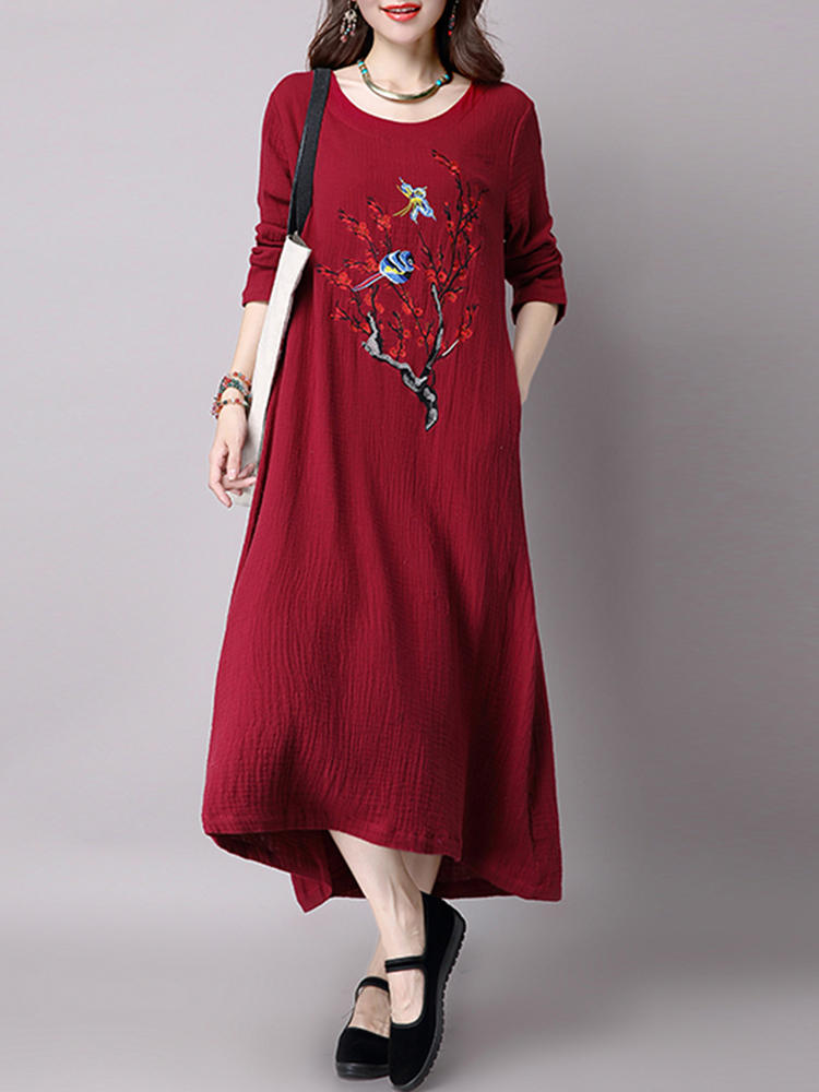 Casual Women Long Sleeve Embroidered Round Neck Maxi Dress with