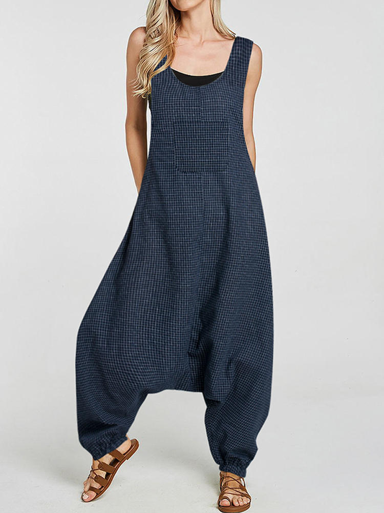 Women Sleeveless Plaid Drop Crotch Loose Harem Pants Overalls Ju