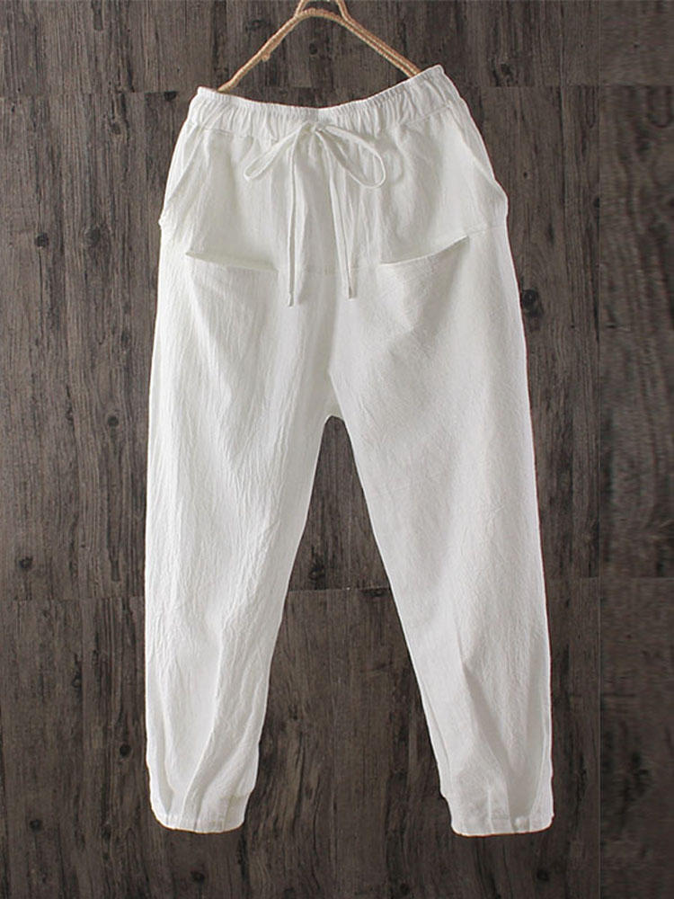 Women High Elastic Drawstring Waist Cotton Pants