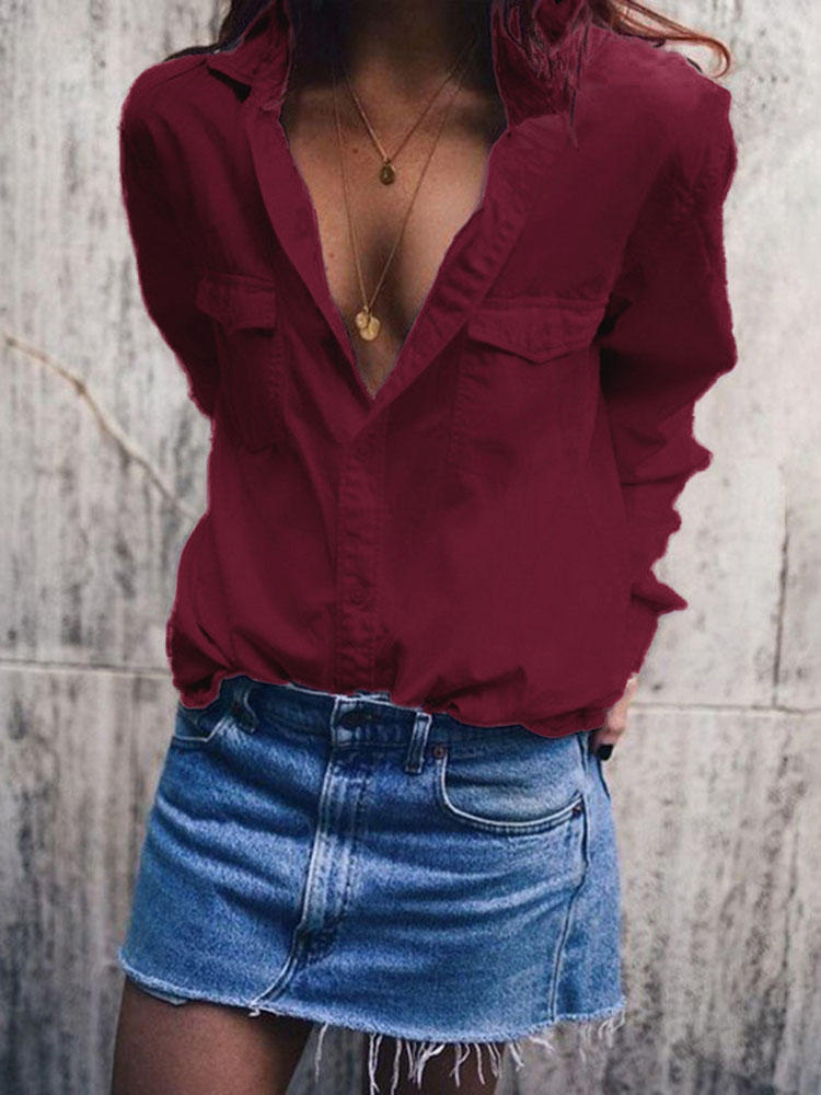 S-5XL Women Solid Color Lapel Button Blouse with Pockets