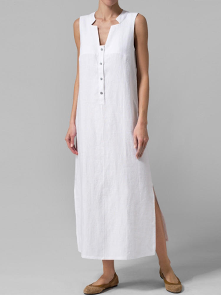 Women Sleeveless Button Pure Color Side Split Dress