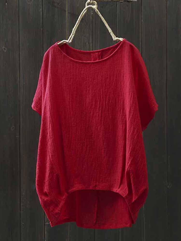 Women Batwing Sleeve Cotton Asymmetrical Blouse