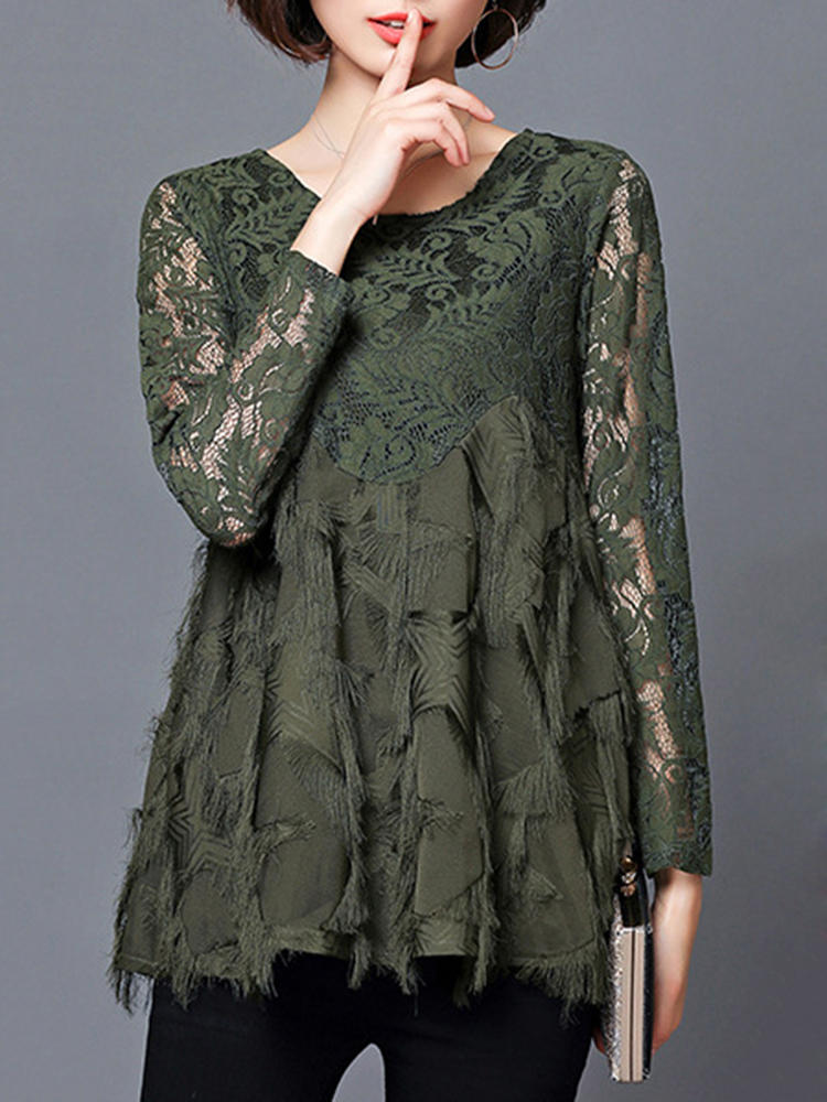 Women Lace Patchwork O-neck Long Sleeve Blouse