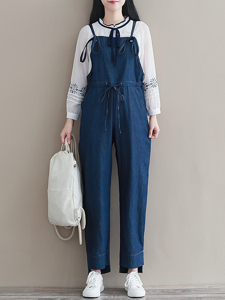 Women Casual Sleeveless Straps High Waist Denim Jumpsuit