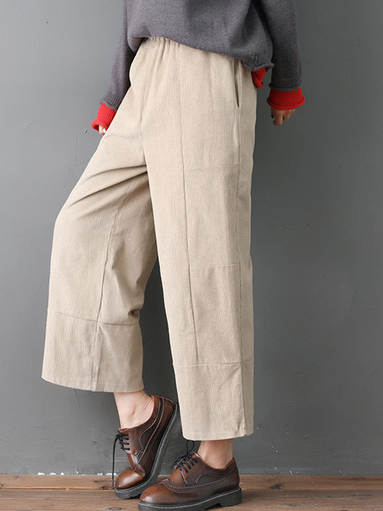 Women Pure Color Elastic Waist Pockets Corduroy Pants