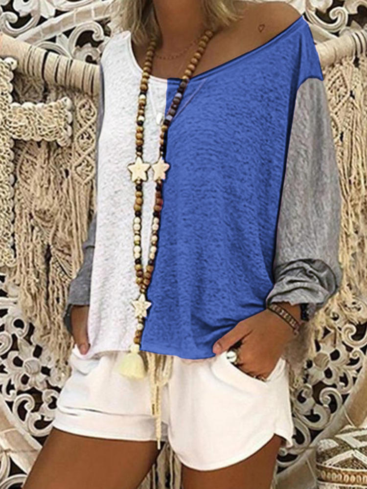 Women Casual Baggy Color Patchwork Blouse Shirt