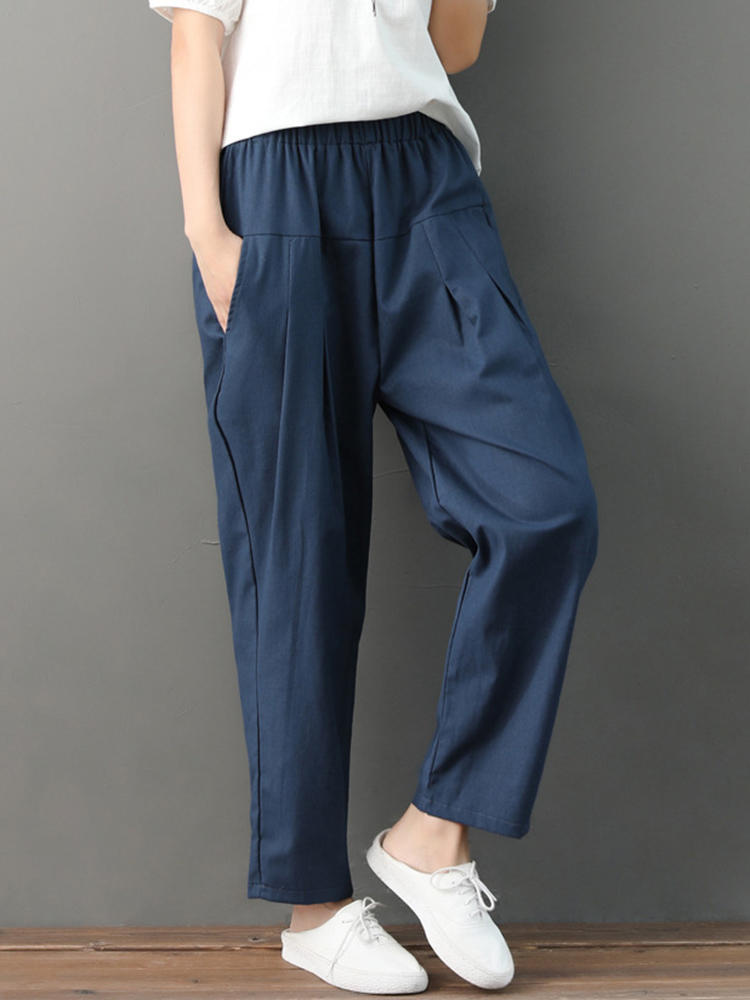 Solid Color Pleated Elastic Waist Loose Casual Pants