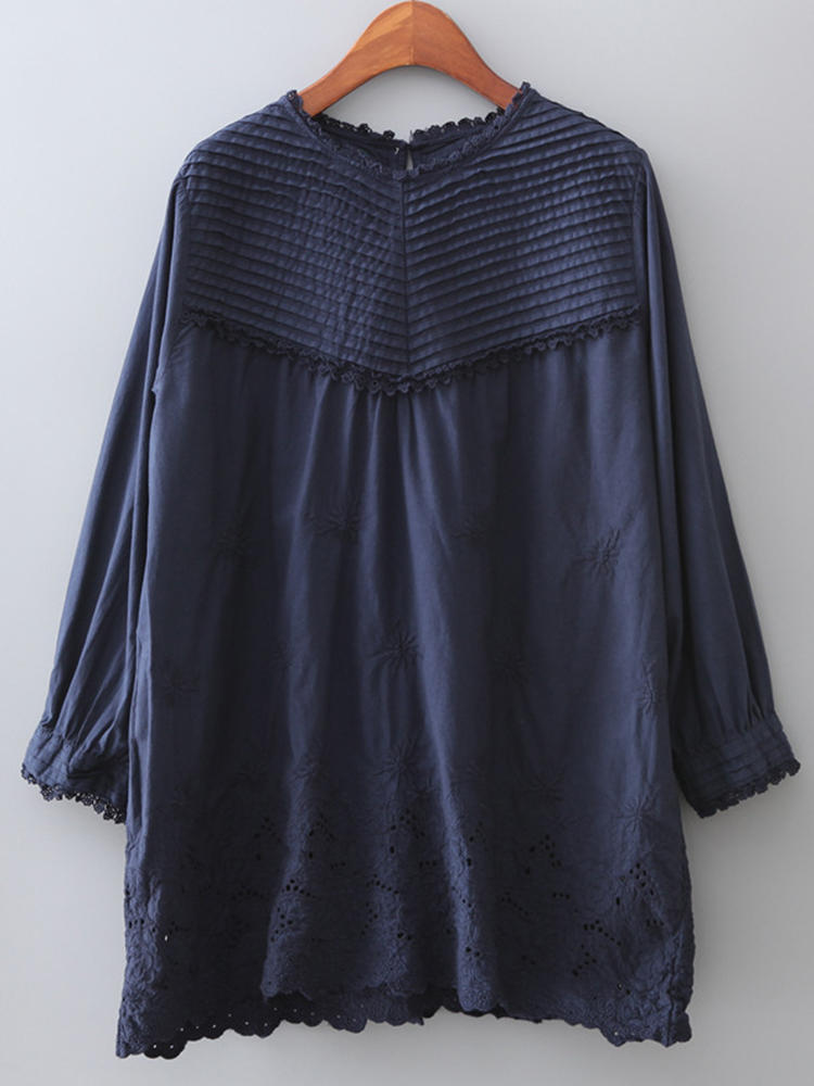 Women Embroidery Hollow Pure Color Loose Casual Blouses