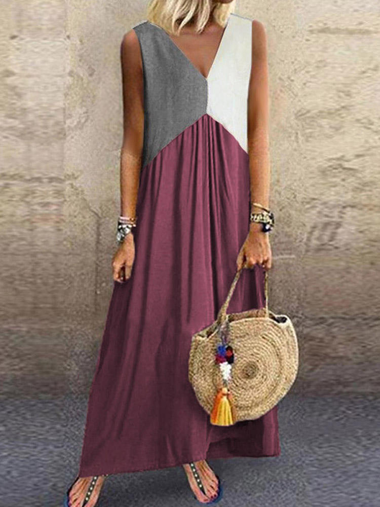 Sleeveless V-neck Color Patchwork Casual Maxi Dress