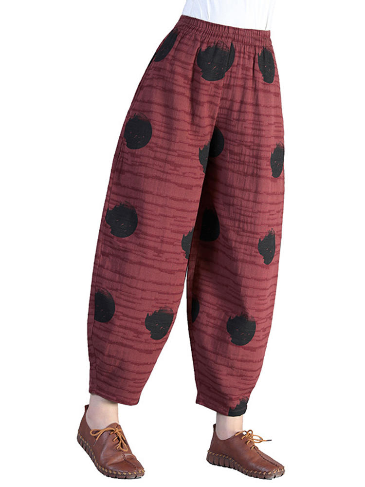 Women Elastic Waist Polka Dot Print Pocket Pants