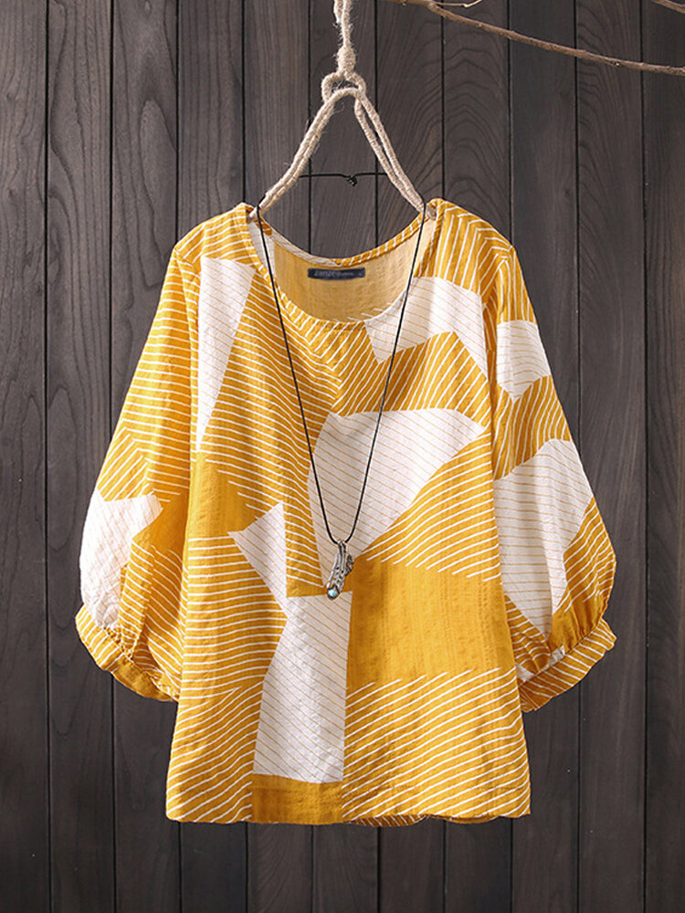 Women Stripe Contrast Color Three Quarter Sleeve Casual Blouse