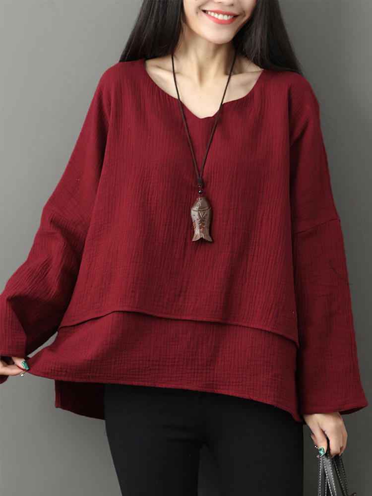 Women Long Sleeve V-neck Layered Solid Loose Casual Blouses
