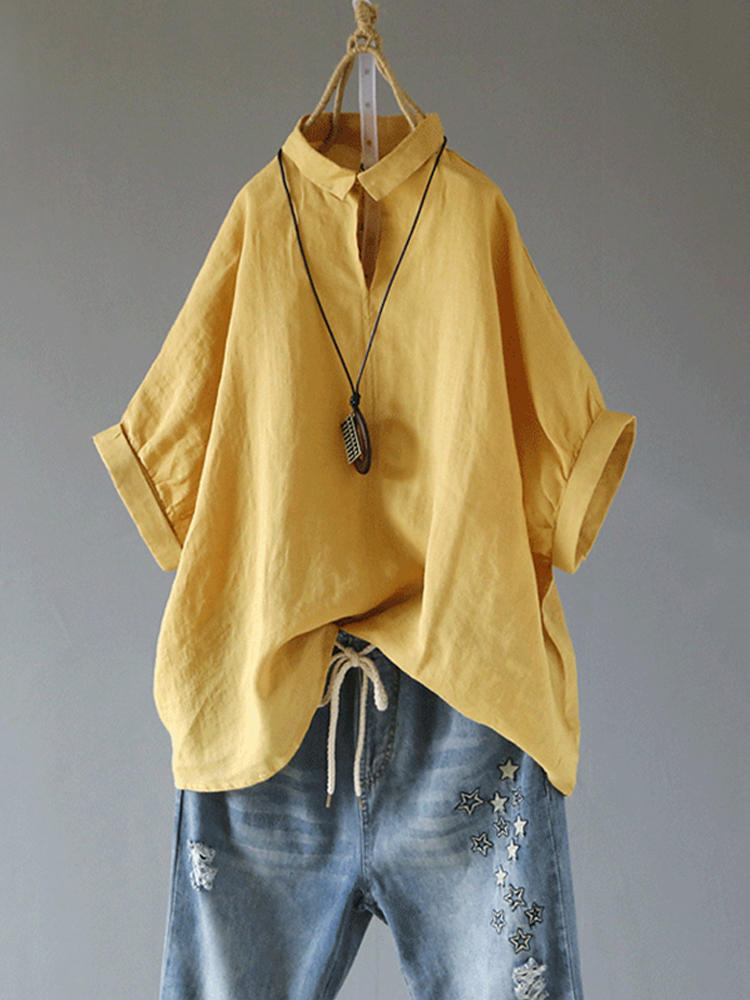 Solid Color Short Sleeve Turn-Down Collar Cotton Vintage Blouse