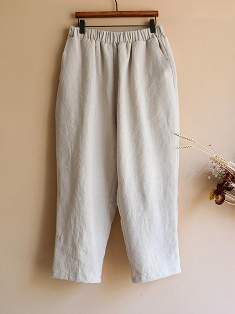 Women Casual Cotton Linen Elastic Waist Harem Pants