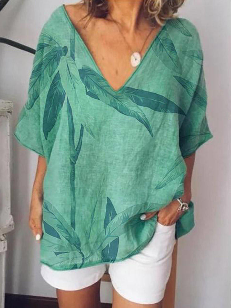 Women Short Sleeve V-neck Floral Loose Casual Blouse