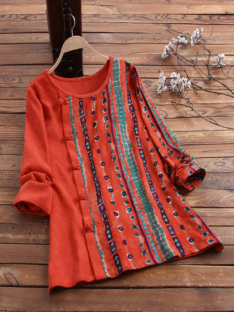 Ethnic Print Patchwork Long Sleeve O-neck Button Blouse