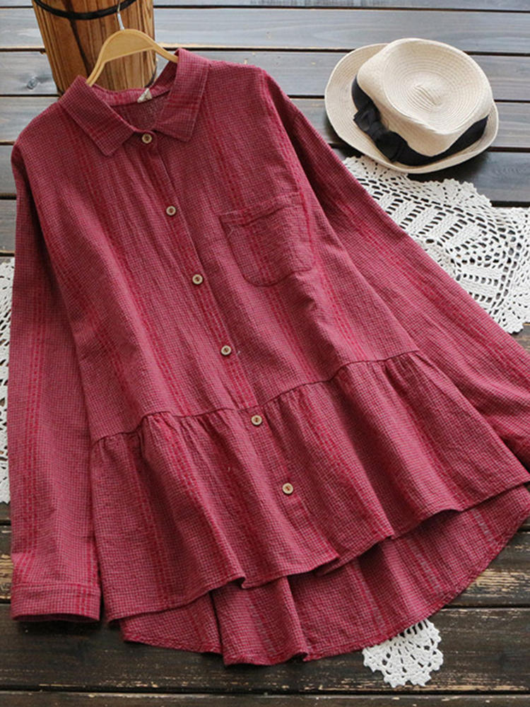Women Long Sleeve Button Turn-Down Collar Irregular Vintage Blou