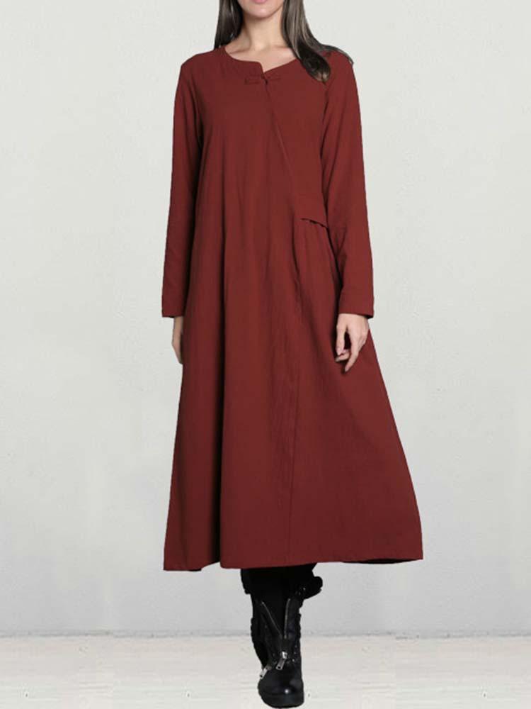 Casual Women Long Sleeve Solid Color Cotton Loose Dress
