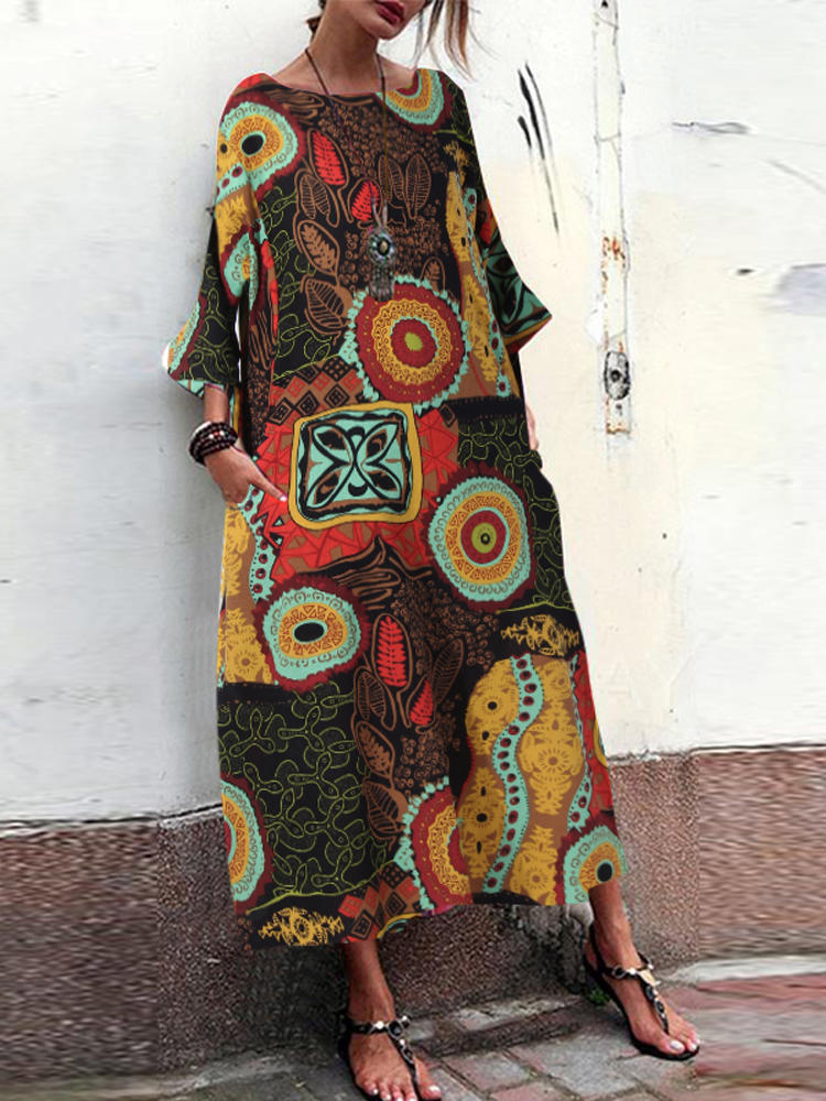 Women Retro Crew Neck Loose Baggy Floral Maxi Dress