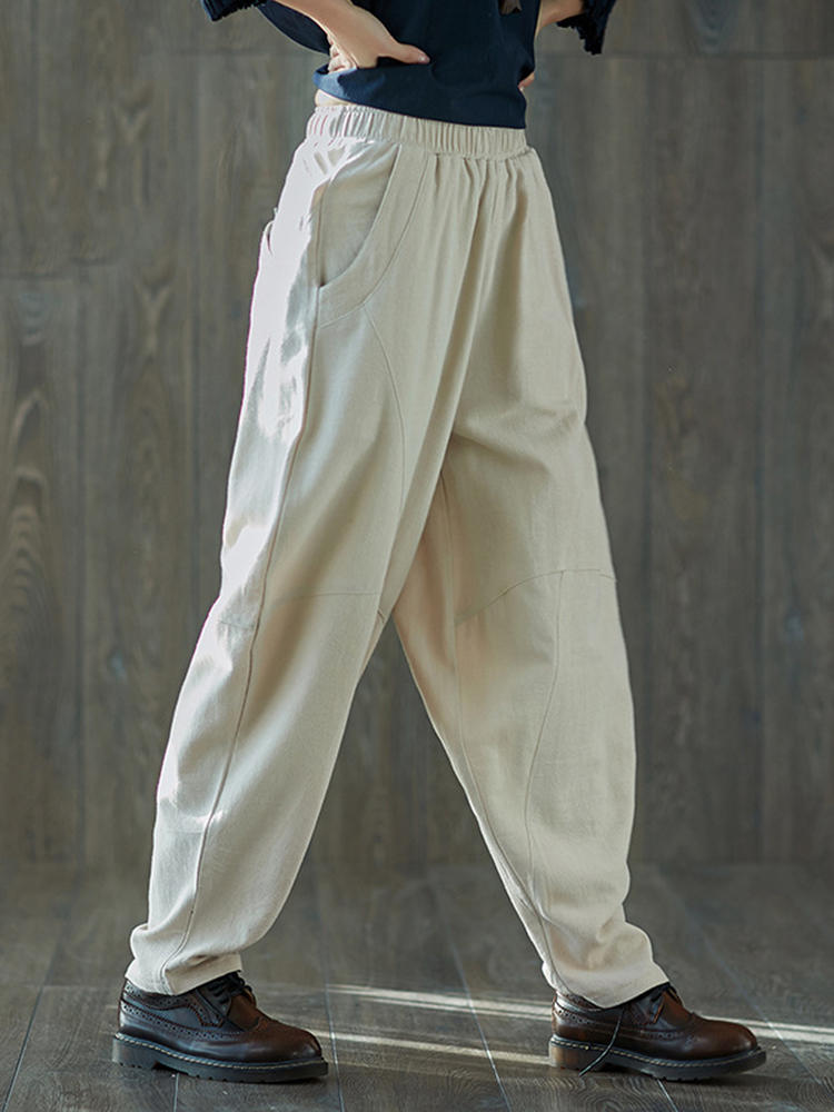 Solid Color Elastic Waist Pocket Yoga Casual Pants for Women