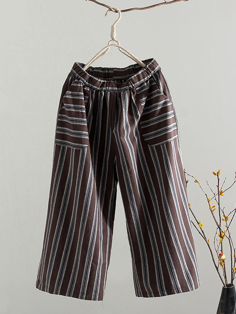 Women Vintage Striped Wide Leg Pants Loose Cropped Trousers