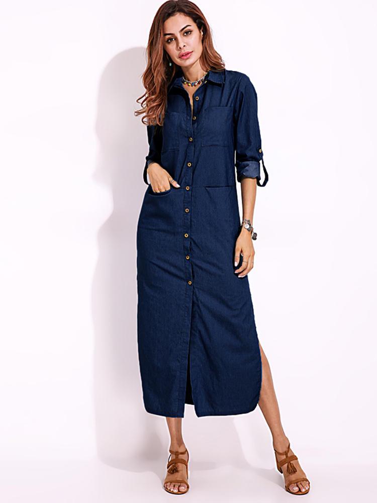 Long Sleeve Denim Shirt Dress Solid Color Turn-down Collar Butto