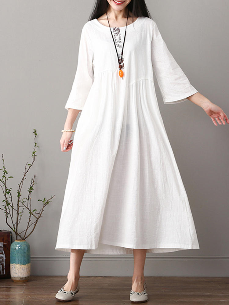 Ethnic Style 3/4 Sleeve O-Neck Pocket Printed Maxi Dress