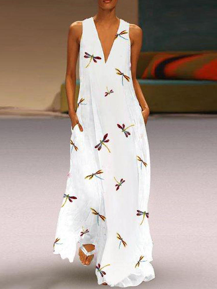 Women Sleeveless V-neck Floral Print Maxi Dress