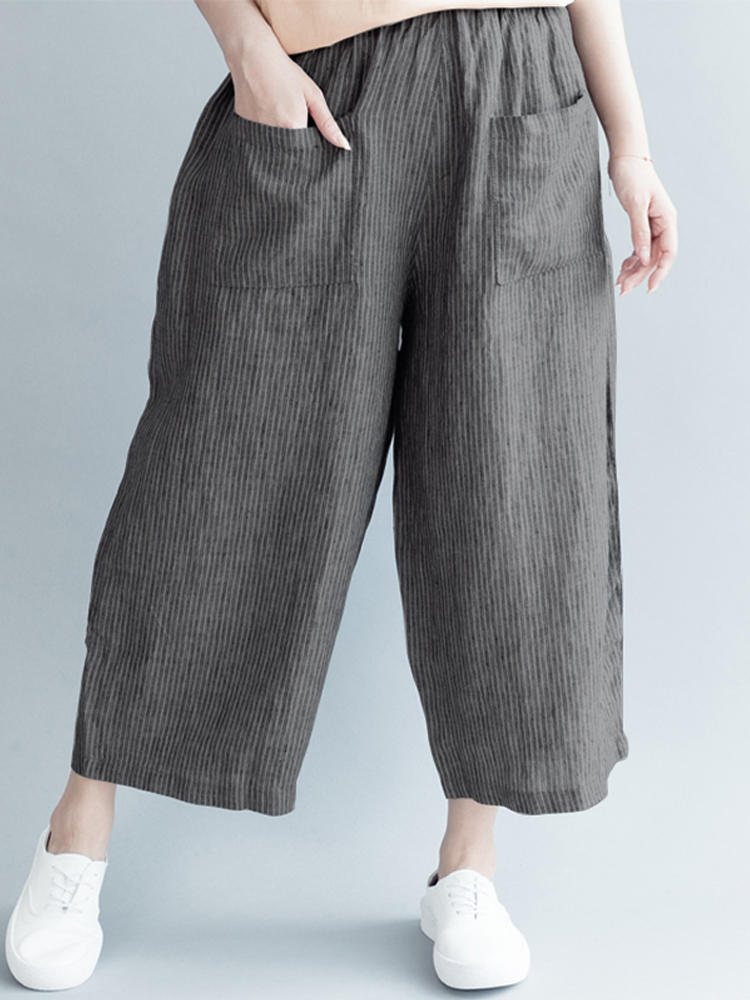 S-5XL Women Casual Stripe Elastic Waist Wide Leg Pants with Pock