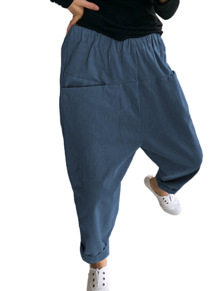Pure Color Elastic Waist Drop-Crotch Pockets Harem Pants For Wom