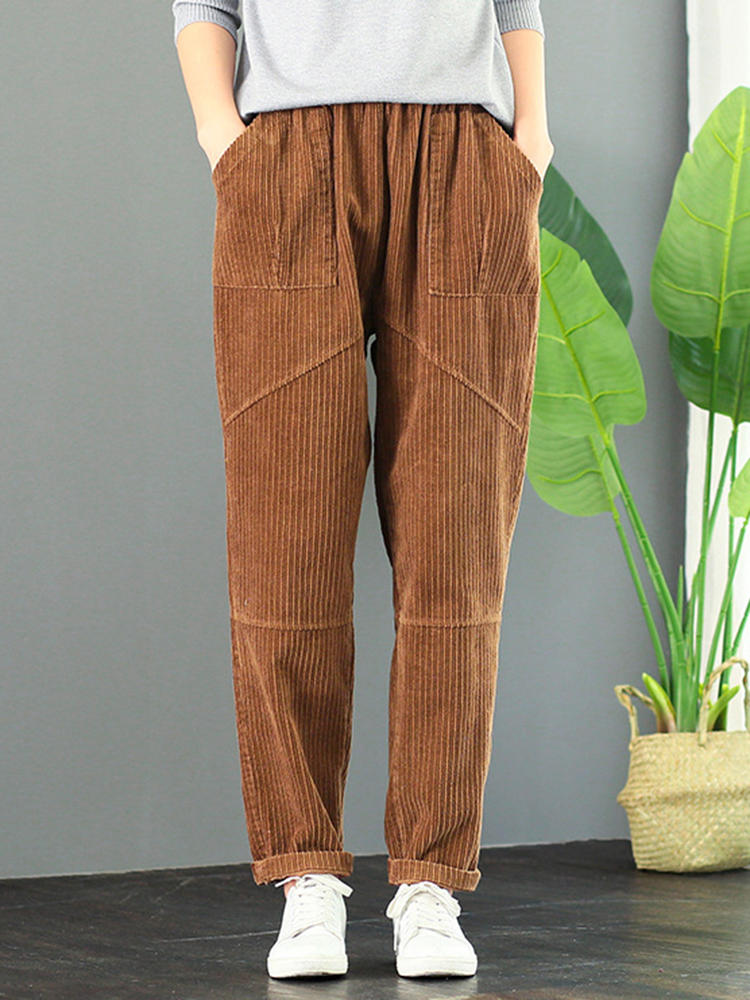 Women Elastic Waist Solid Color Corduroy Pants