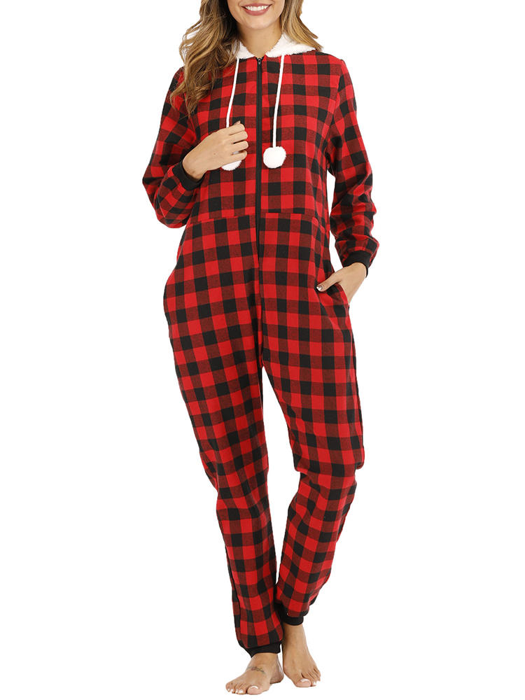 Christmas Plaid Printed Casual Overalls Jumpsuit For Women