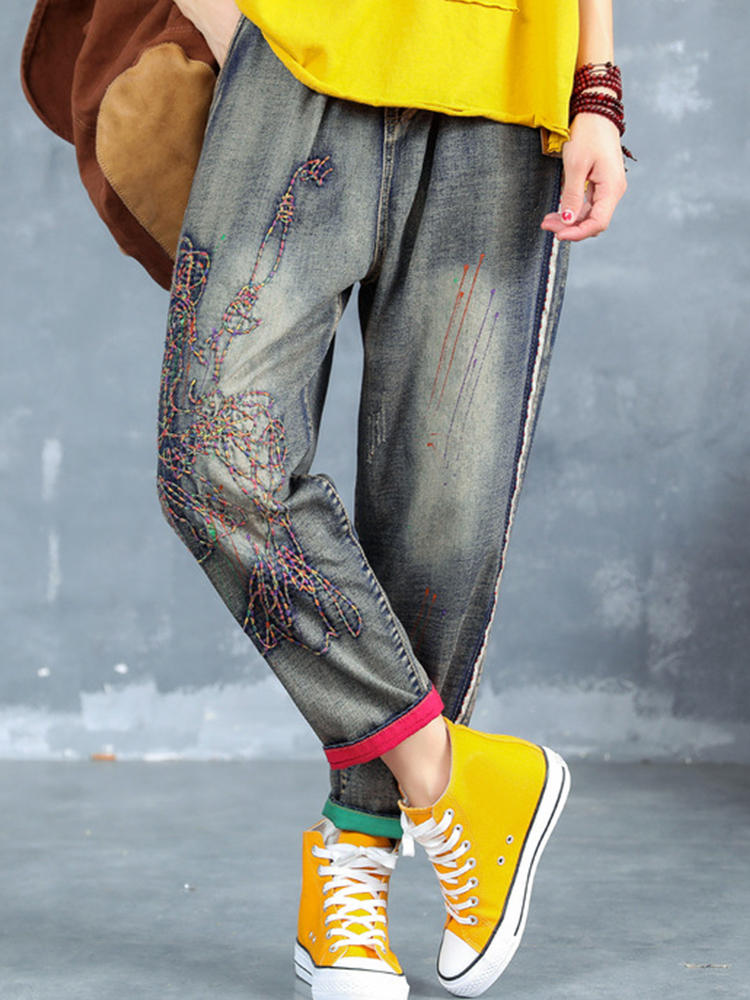 Ripped Embroidered Elastic Waist Jeans For Women
