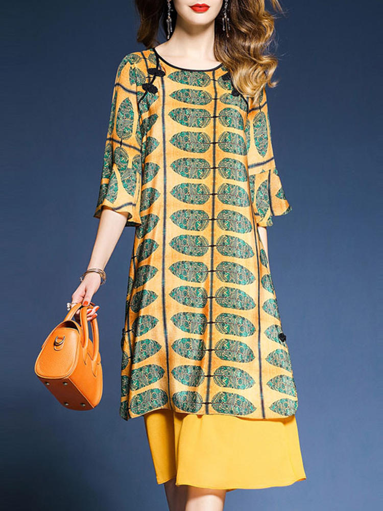 Elegant Floral Print Layered Half Sleeve Split Hem Dresses