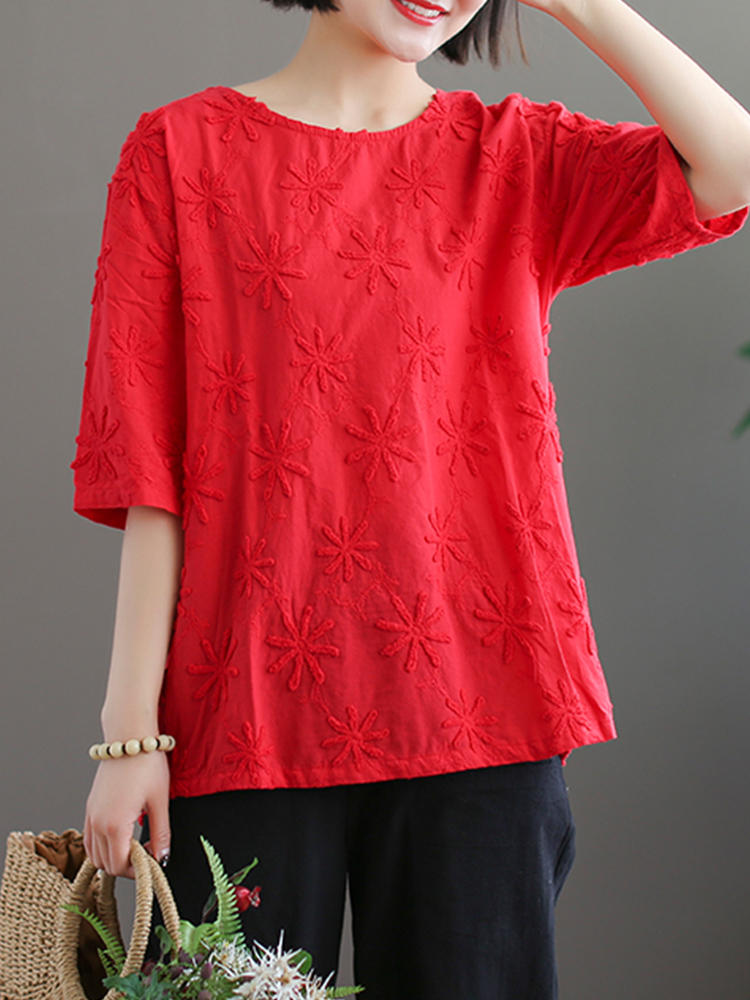 Literary Retro Solid Color O-neck Loose Casual Women T-shirts