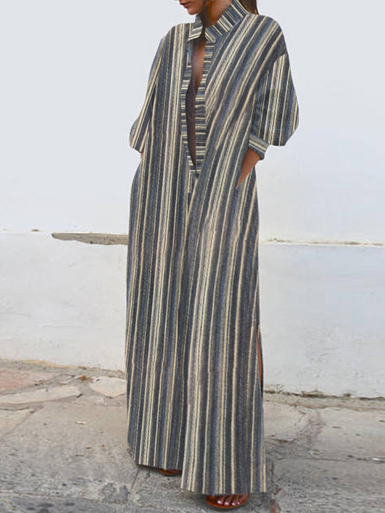 Women 3/4 Sleeve Striped Casaul Oversized Maxi Kaftan Long Shirt