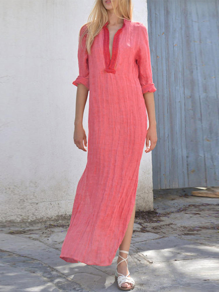 S-5XL Casual Women Side Split V-Neck Long Dress