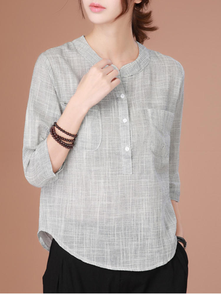 Casual Women Half Button Minimalist 3/4 Sleeve Blouse