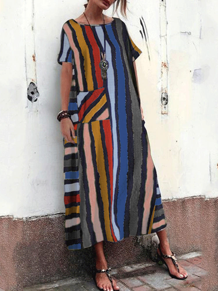 Women Short Sleeve Striped Loose Casual Long Maxi Dress